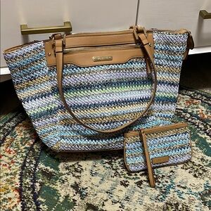 Rosetti Blue and Brown knit Tote Bag with Leather Trim